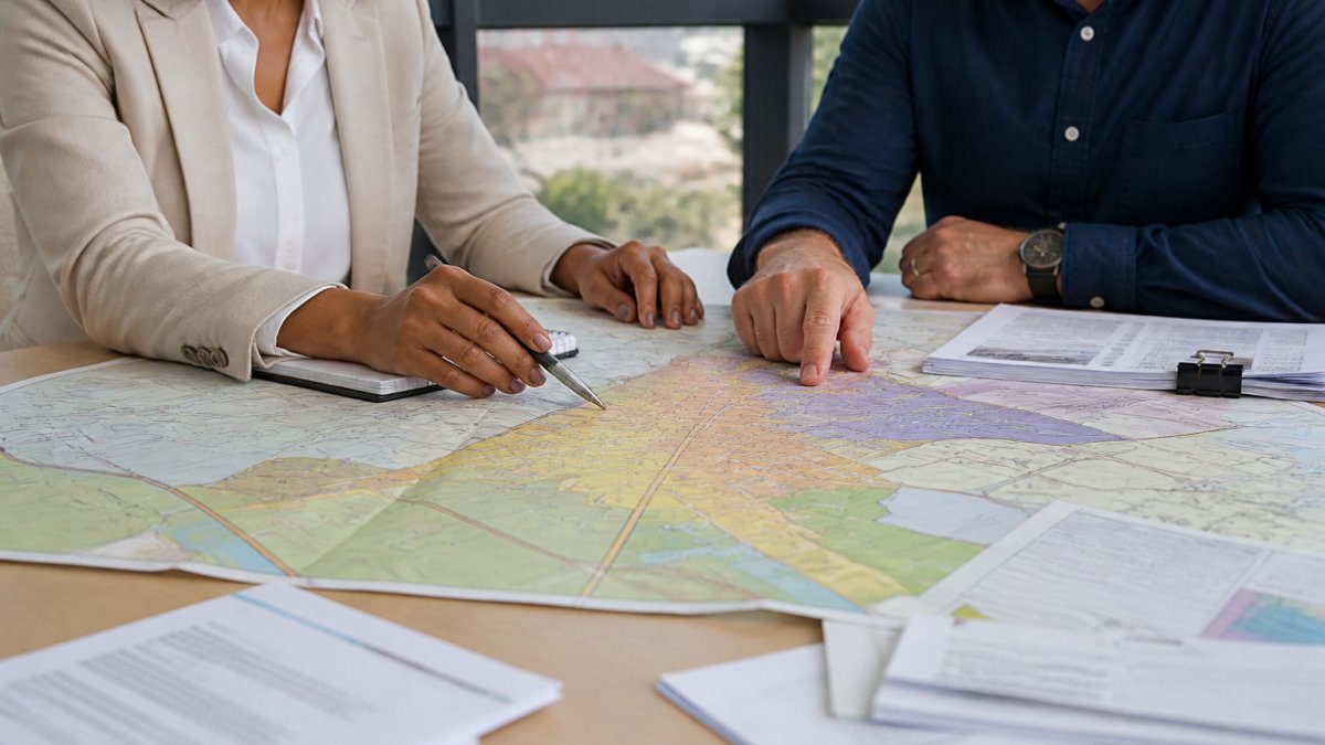 A developer and a municipal planner reviewing a large zoning map and project documents together at a conference table in a city planning office
